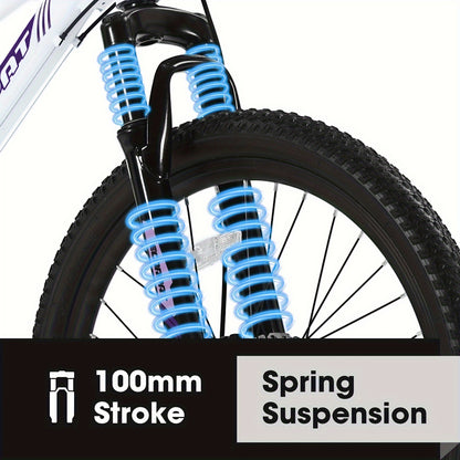 24 Inch Mountain Bike for 21 Speeds with Dual Disc Brakes And 100mm Front Suspension, White\Pink