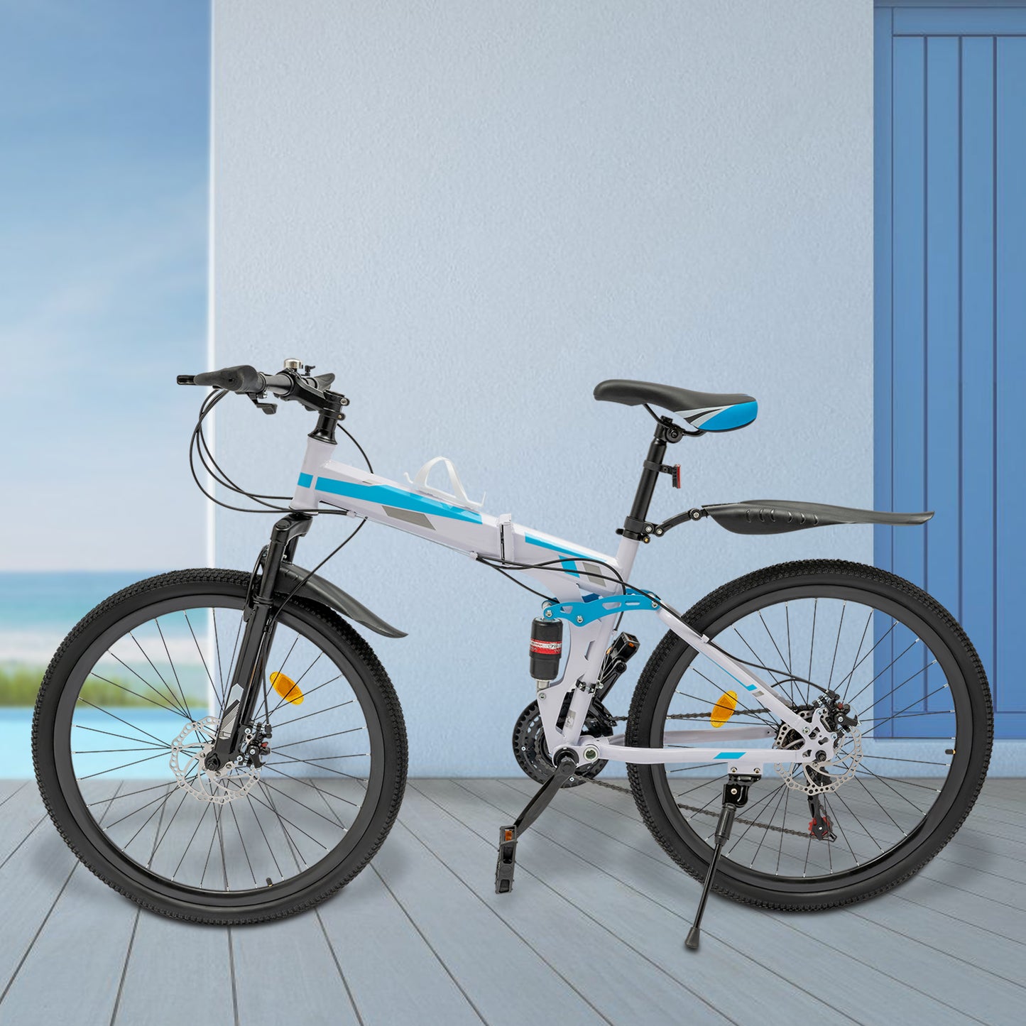 Foldable Mountain Bike, Youth Mountain Bike, Mechanical Disc Brake Mountain Bike, Blue & White
