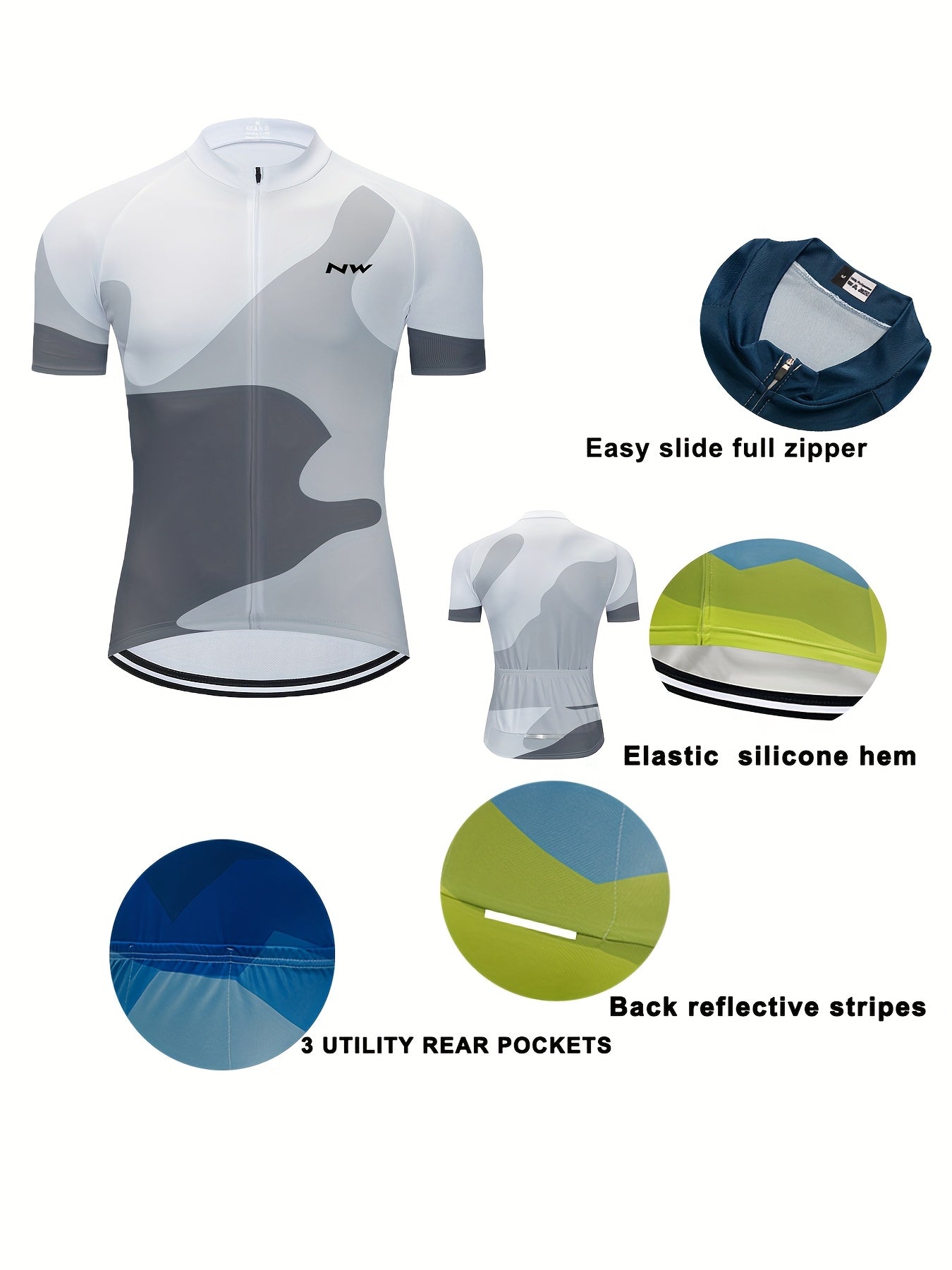 White MOXILYN Men's Quick-Dry Polyester Athletic Cycling Jersey - Short Sleeve, Zip-Up, Breathable with Gray & Black Abstract Design, Perfect for Running, Training & Outdoor Activities