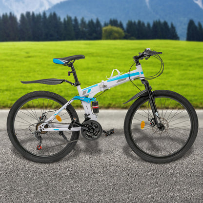 Foldable Mountain Bike, Youth Mountain Bike, Mechanical Disc Brake Mountain Bike, Blue & White