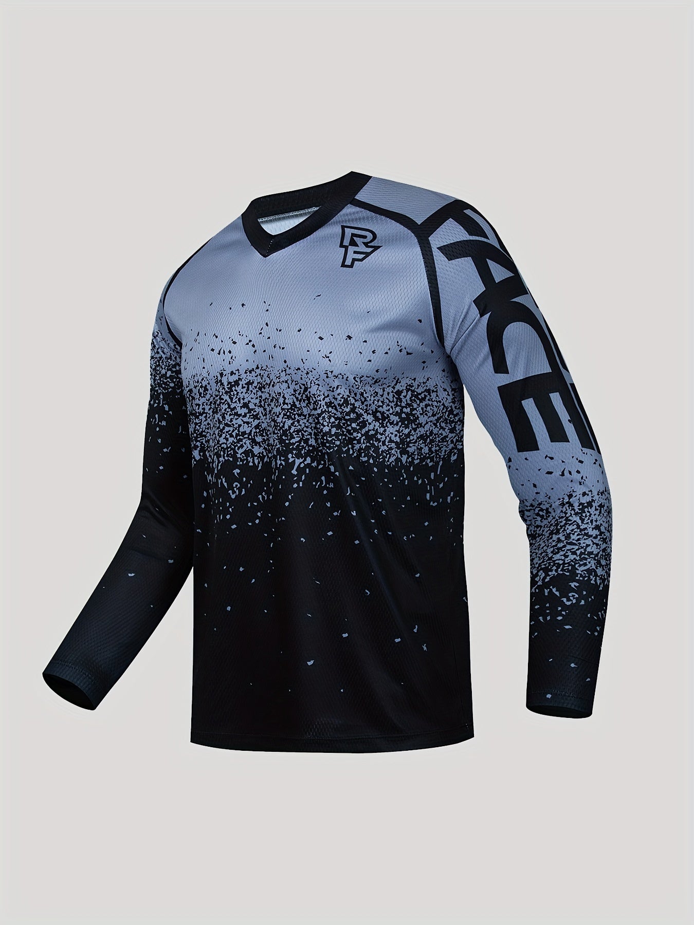 Men'S RF-T3 Geometric Pattern V-Neck Long Sleeve Jersey - Breathable Stretch Fabric for Cycling, Running, Training & Casual Wear - Regular Fit All-Season Athletic Top, Cycling Jersey, Running Apparel, Modern Sports Shirt, Durable Sportswear
