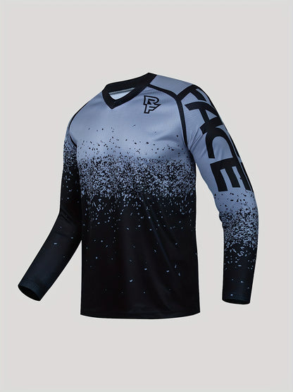 Men'S RF-T3 Geometric Pattern V-Neck Long Sleeve Jersey - Breathable Stretch Fabric for Cycling, Running, Training & Casual Wear - Regular Fit All-Season Athletic Top, Cycling Jersey, Running Apparel, Modern Sports Shirt, Durable Sportswear