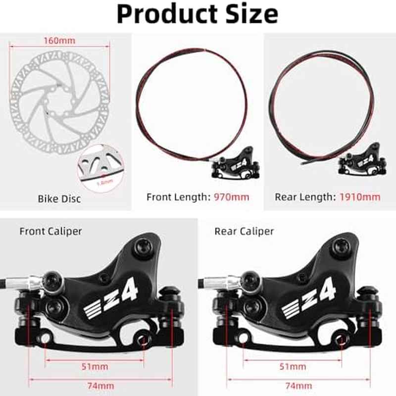 4-Piston Hydraulic Disc Brake Set for E-bike, Mountain Bike, Road Bike | 2-PIN Power-Off Pre-Bled with Mineral Oil, Includes Iron Rotors, Mixed Color