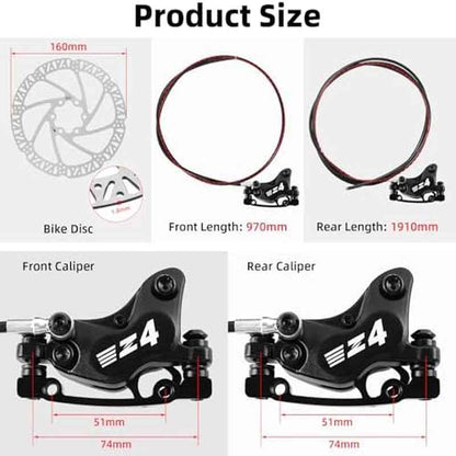 4-Piston Hydraulic Disc Brake Set for E-bike, Mountain Bike, Road Bike | 2-PIN Power-Off Pre-Bled with Mineral Oil, Includes Iron Rotors, Mixed Color