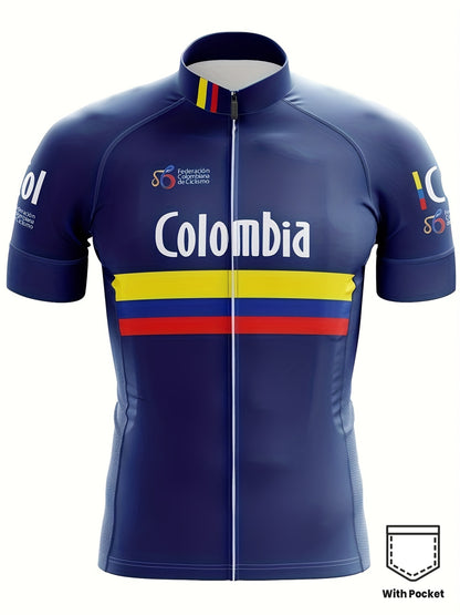 Colombia Sport Summer Cycling Short Sleeve Mens Jerseys | MTB Road Bicycle Clothes Ciclismo T-shirt Sport Wear Motocross Mountain Bike Clothing, Crew Neck, Slight Stretch Fabric, Spring\Summer\Fall Season, Pocket Detail